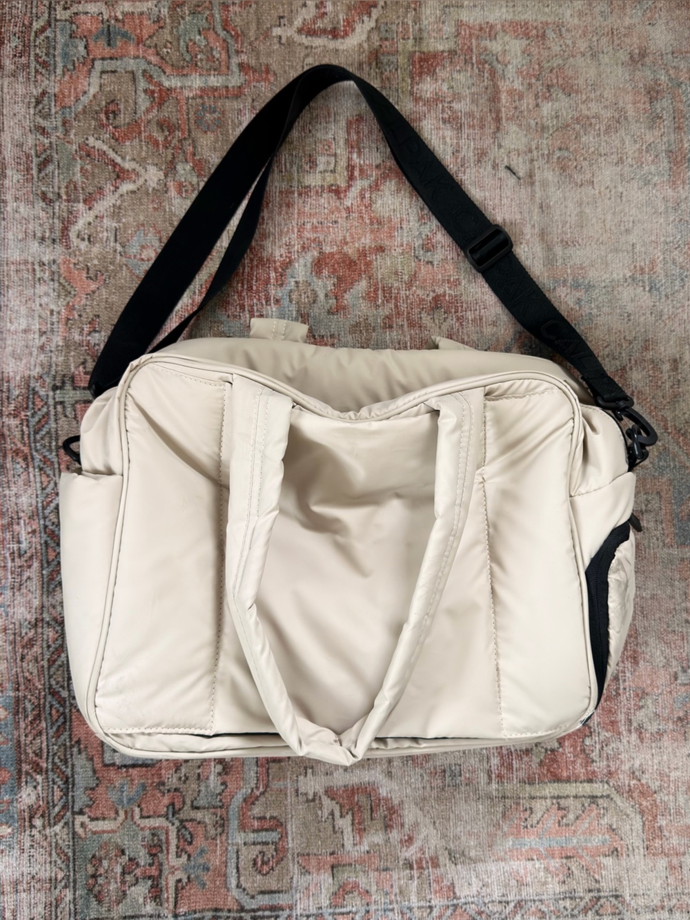 Calpak Cream Padded Travel Shoulder Bag with Black Strap